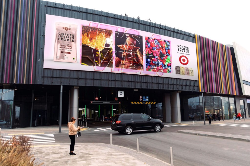 Coffee Uplifts People billboard promoting the brand’s Target retail launch.