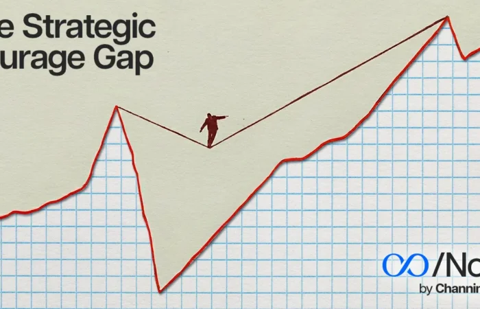 Illustration of the Strategic Courage Gap showing the risk between optimization and real business strategy by Channing Bailey