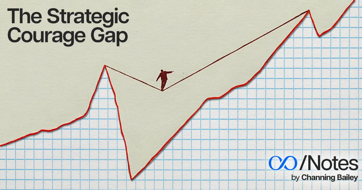 Illustration of the Strategic Courage Gap showing the risk between optimization and real business strategy by Channing Bailey