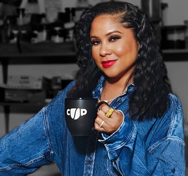 Angela Yee holding a Coffee Uplifts People mug, representing Channing & Company’s brand strategy and culture-led marketing work for CUP.
