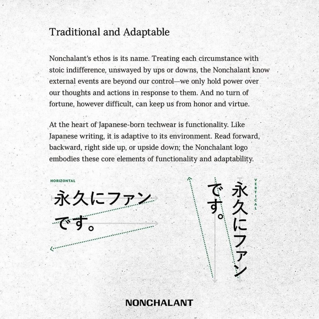 Nonchalant brand strategy and visual identity concept by Channing Bailey and Channing & Company showing adaptability through Japanese writing and logo orientation.