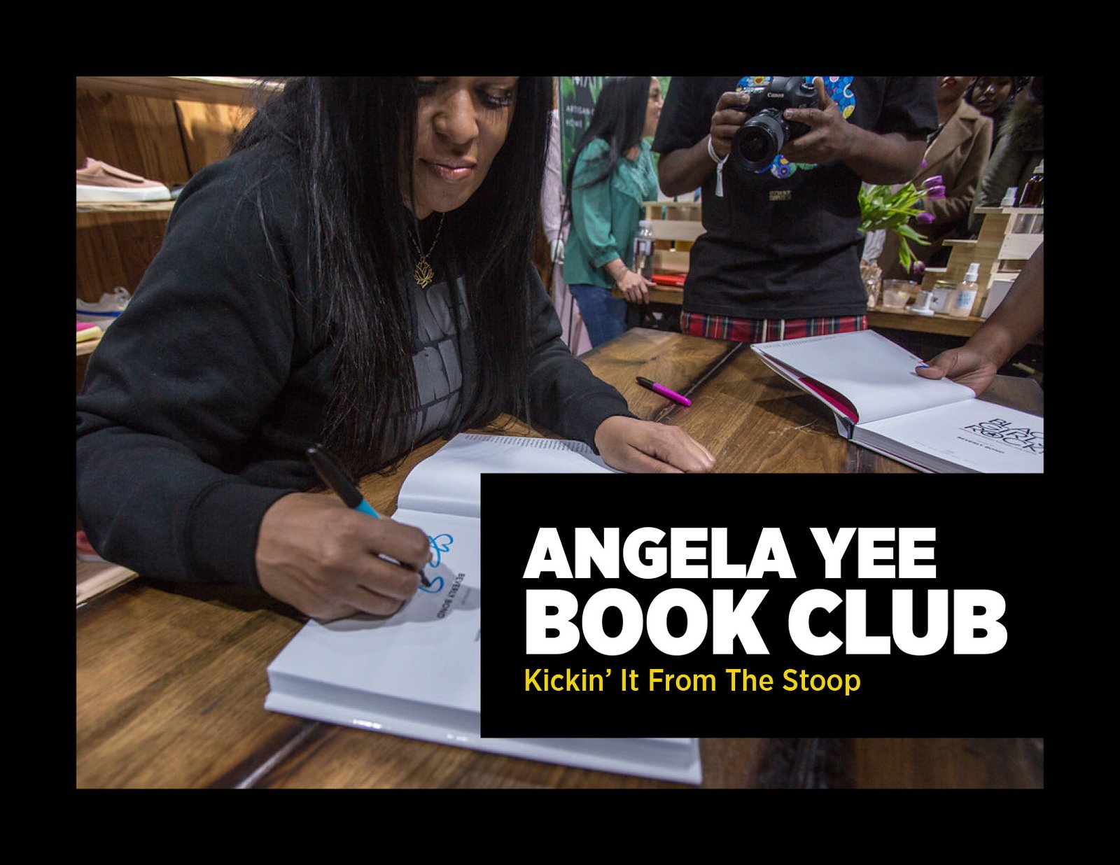 Angela Yee Book Club events at WOODstack IVY in Brooklyn, featuring live author conversations, engaged audiences, book displays, and community gatherings that informed the WellRead nonprofit brand strategy.