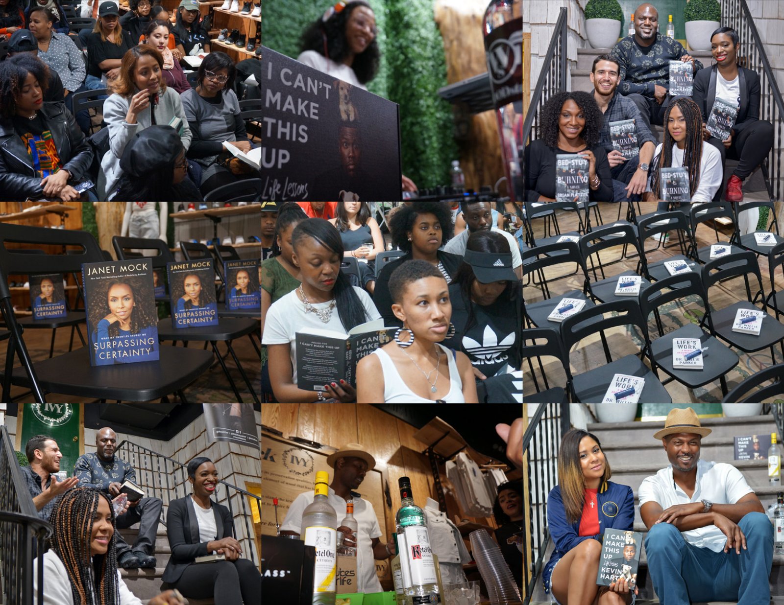 Angela Yee Book Club events at WOODstack IVY in Brooklyn, featuring live author conversations, engaged audiences, book displays, and community gatherings that informed the WellRead nonprofit brand strategy.
