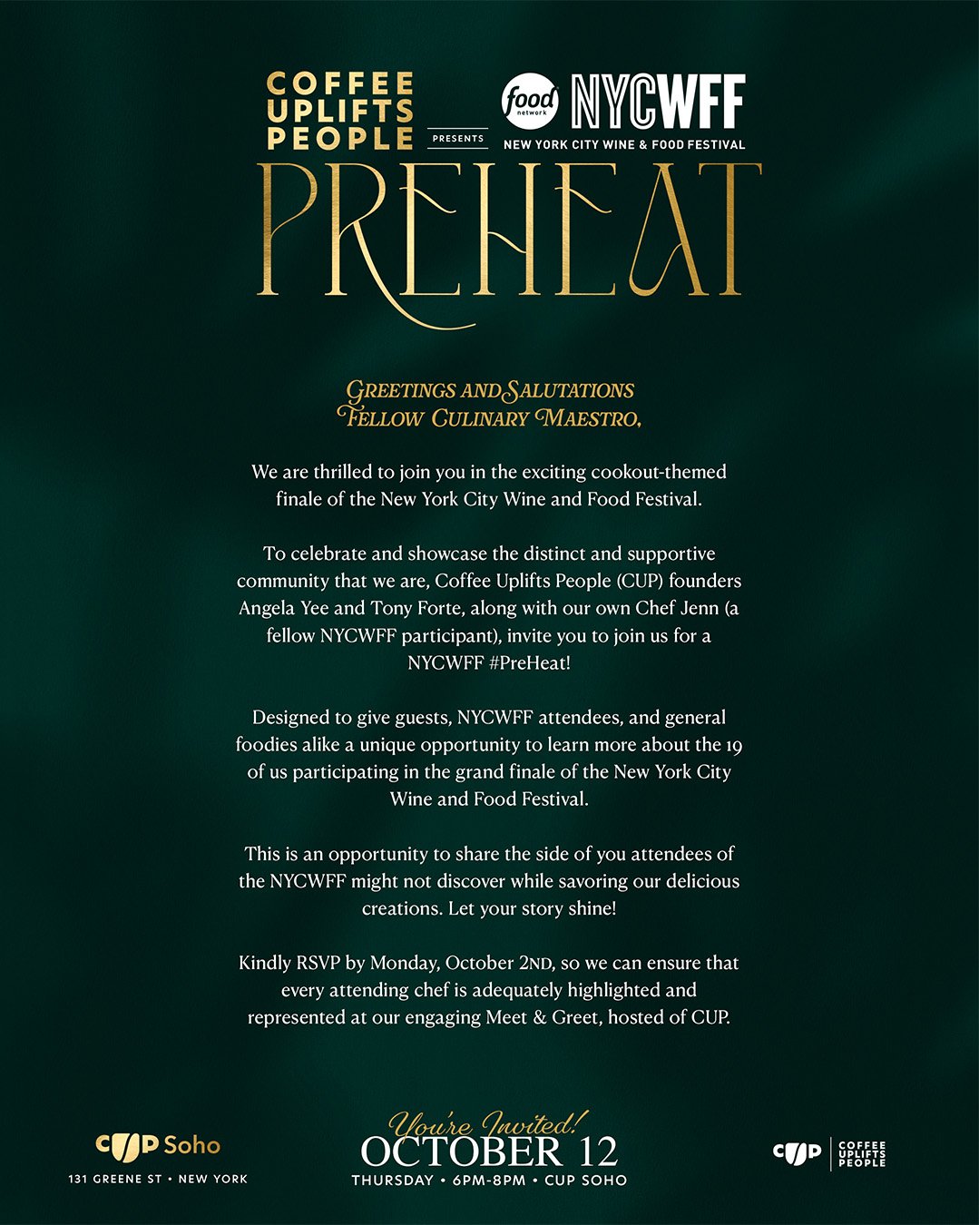 Series of NYCWFF PreHeat key art designs featuring participating chefs and hospitality partners.