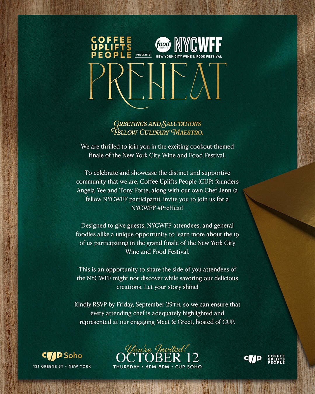 NYCWFF PreHeat campaign identity shown across branded promotional and event applications for Coffee Uplifts People.