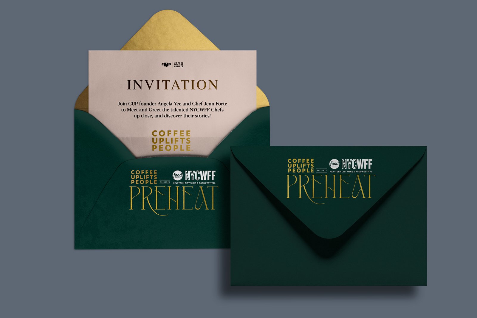 NYCWFF PreHeat visual identity featuring the campaign logo, typography, color, and graphic system for Coffee Uplifts People.