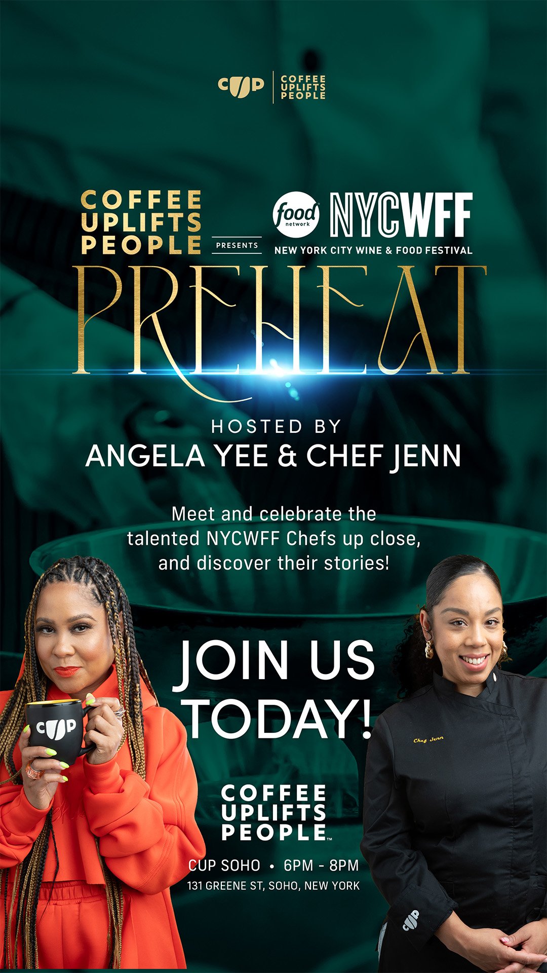 Digital campaign graphics for Coffee Uplifts People’s NYCWFF PreHeat culinary event series.