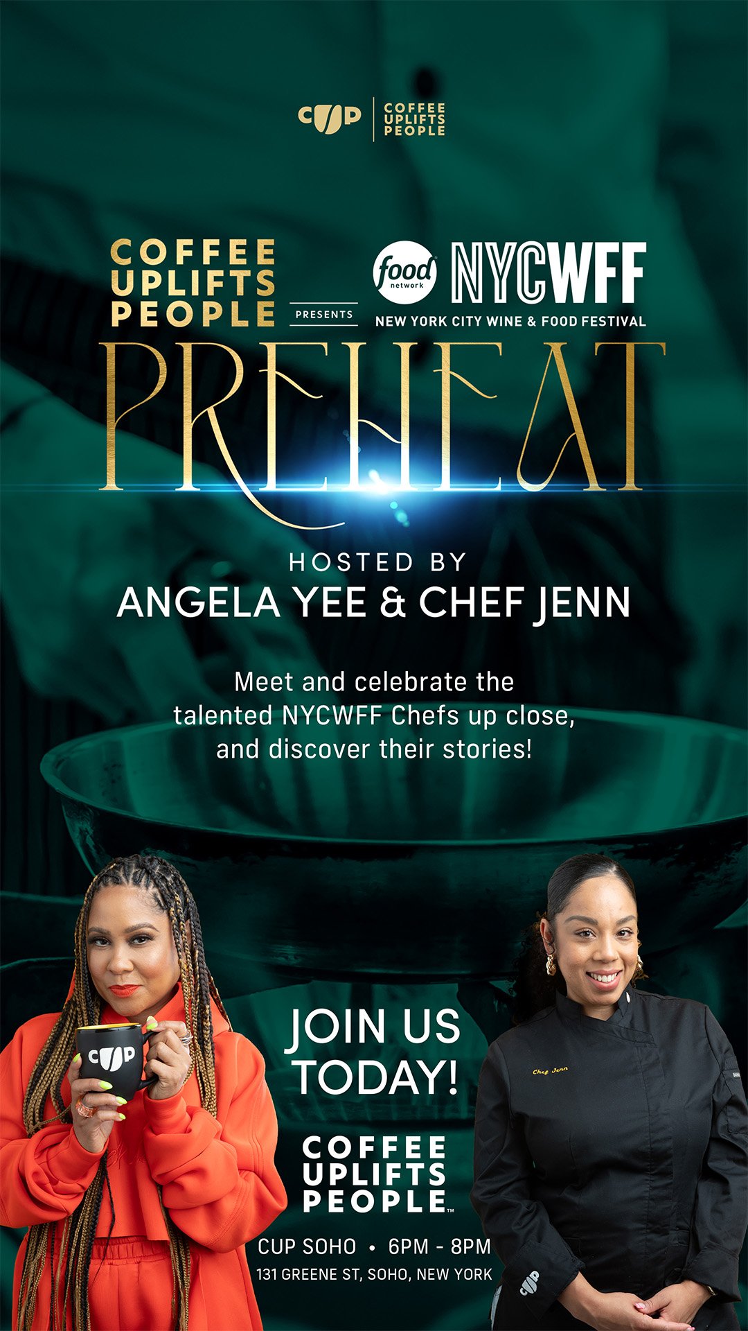Digital campaign graphics for Coffee Uplifts People’s NYCWFF PreHeat culinary event series.