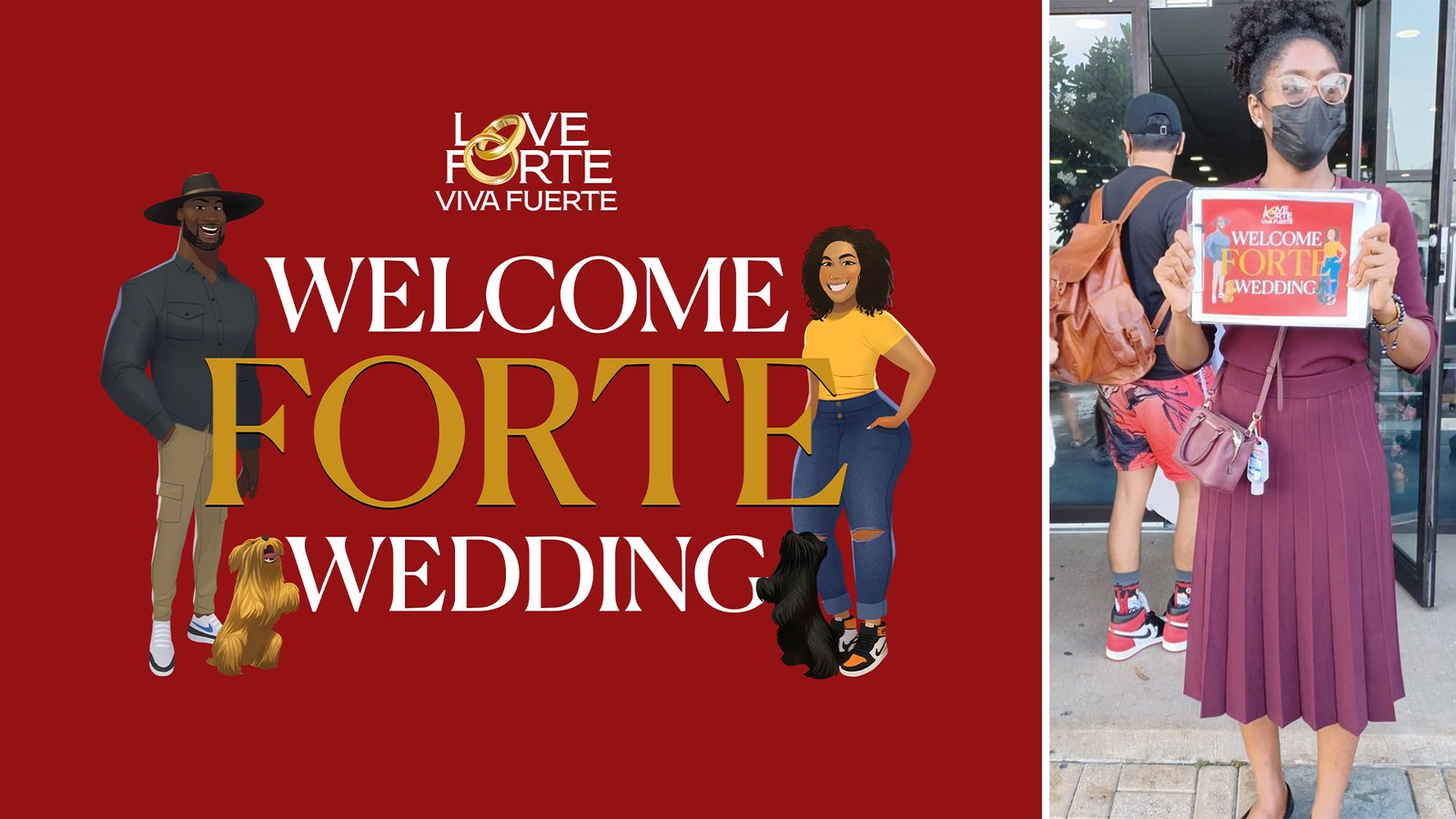 Wedding representative holding a Love Forte Viva Fuerte illustrated welcome sign outside the Barbados airport as destination wedding guests arrive.