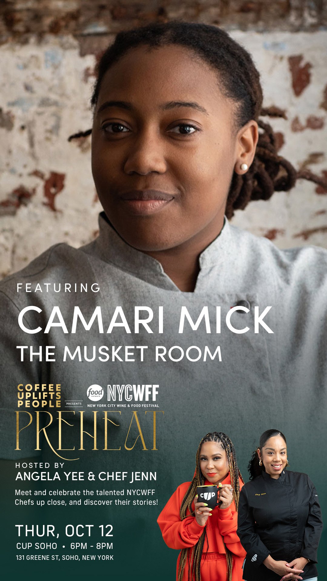 NYCWFF PreHeat campaign key art featuring Camari Mick of The Musket Room for Coffee Uplifts People.