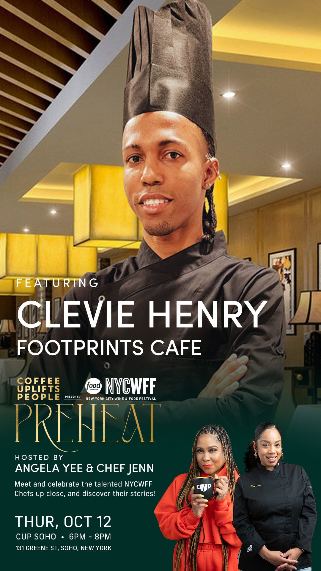 Chef Clevie Henry of Footprints Cafe featured in Coffee Uplifts People’s NYCWFF PreHeat campaign key art.
