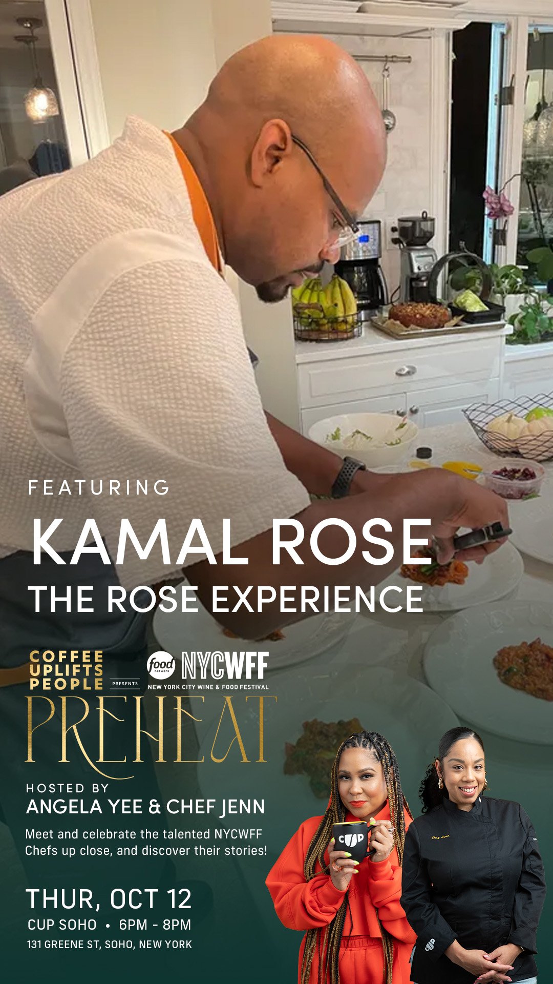 Chef Kamal Rose of The Rose Experience featured in Coffee Uplifts People’s NYCWFF PreHeat campaign key art.