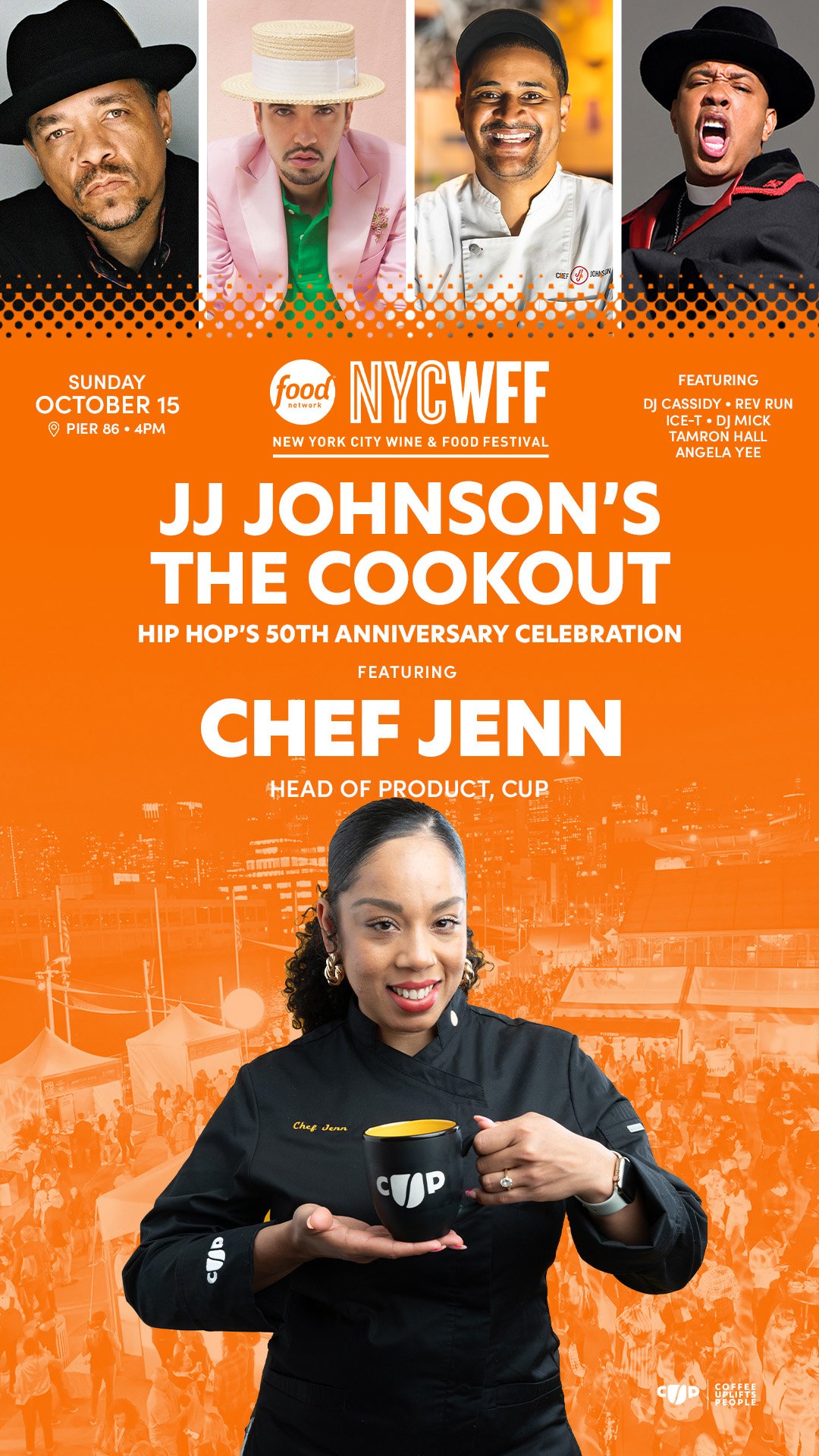 NYCWFF campaign artwork for Chef JJ Johnson’s The Cookout Hip Hop 50 celebration featuring Chef Jenn of Coffee Uplifts People.