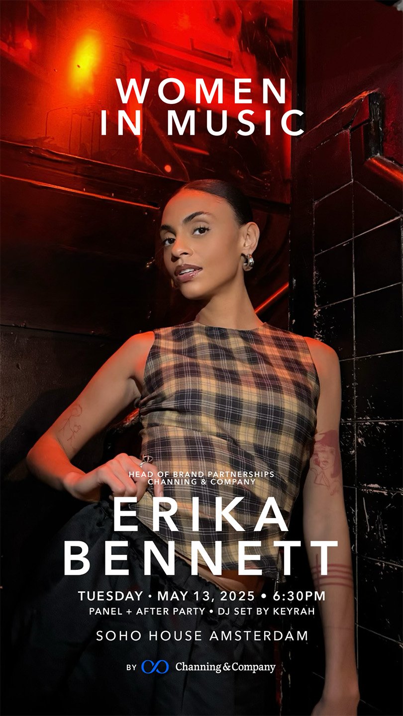 Portrait-based speaker announcement featuring Erika Bennett for Women in Music at Soho House Amsterdam.