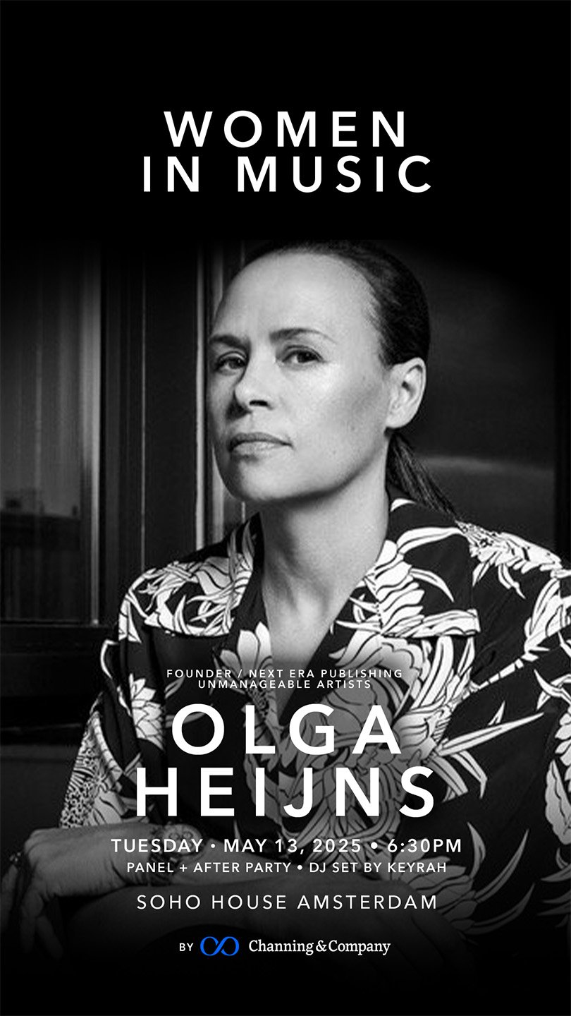 Black-and-white speaker announcement featuring Olga Heijns for Women in Music at Soho House Amsterdam.