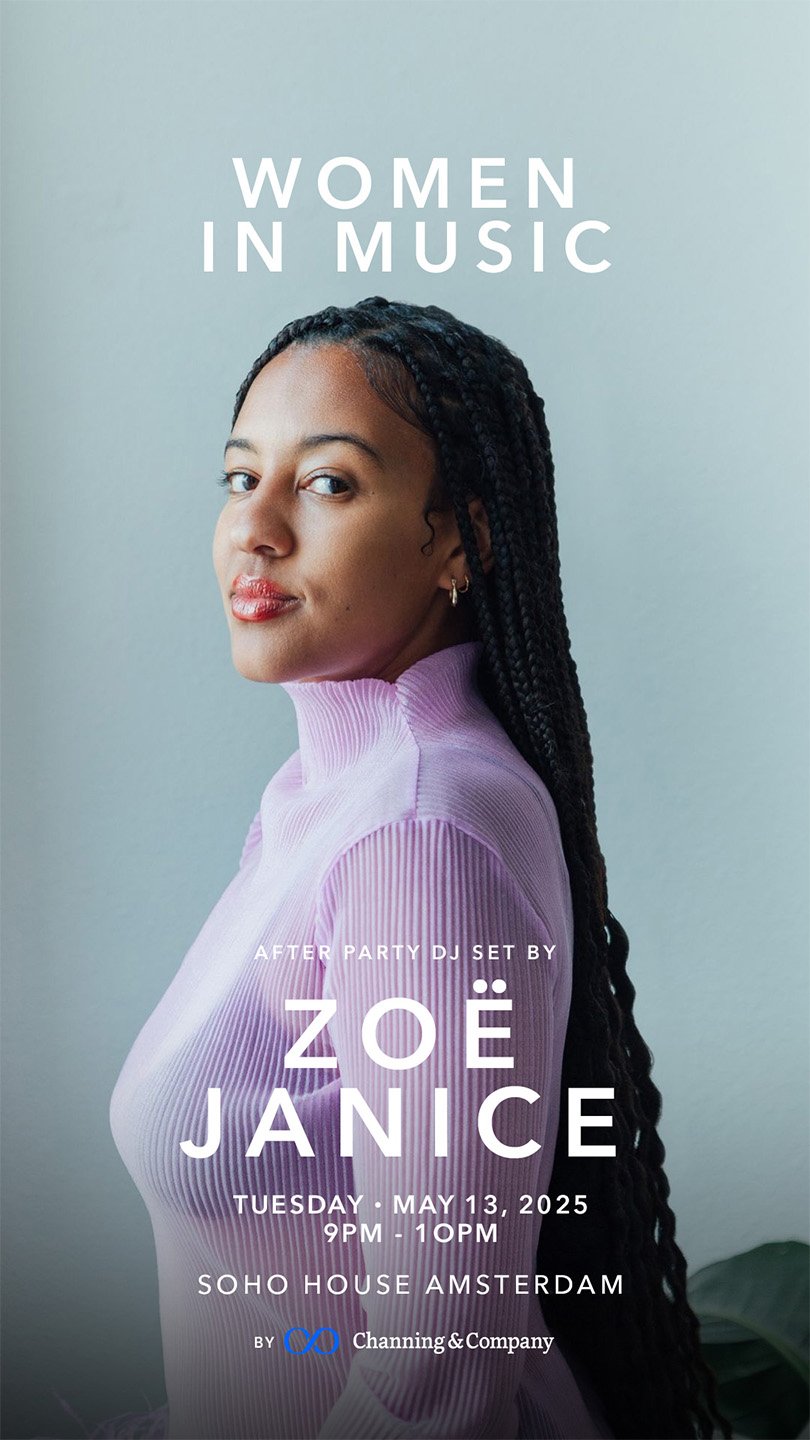 DJ announcement featuring Zoë Janice for the Women in Music after-party at Soho House Amsterdam.