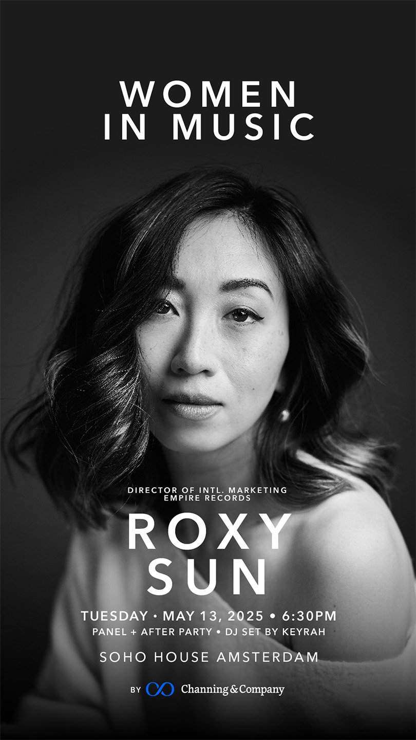Black-and-white speaker announcement featuring Roxy Sun of EMPIRE for Women in Music at Soho House Amsterdam.