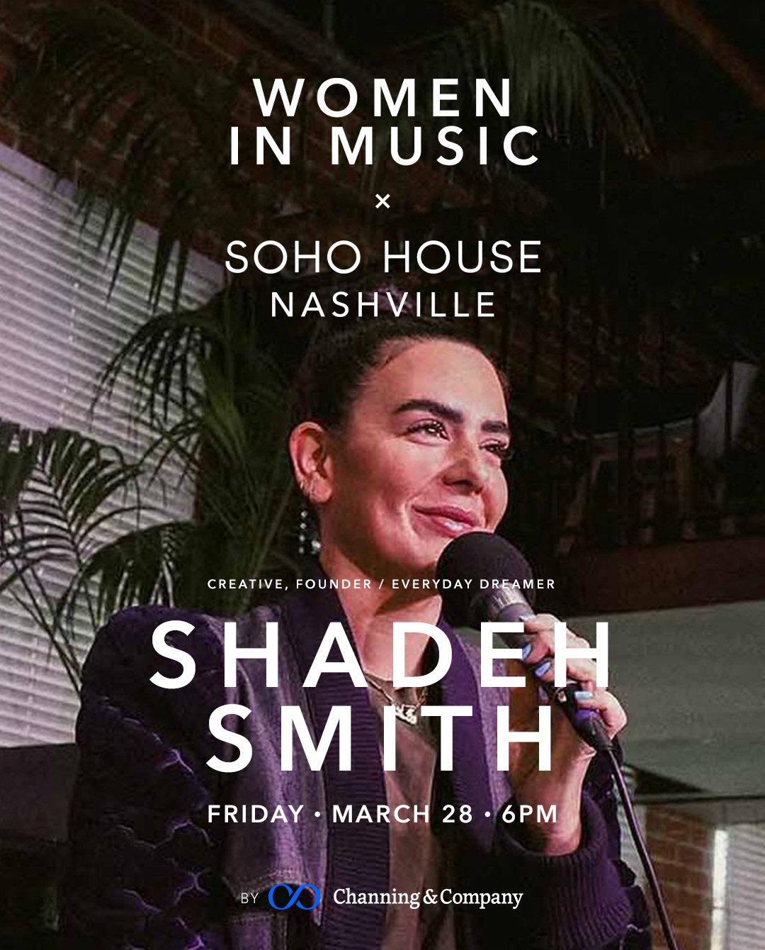 Speaker announcement featuring Shadeh Smith speaking into a microphone for Women in Music at Soho House Nashville.