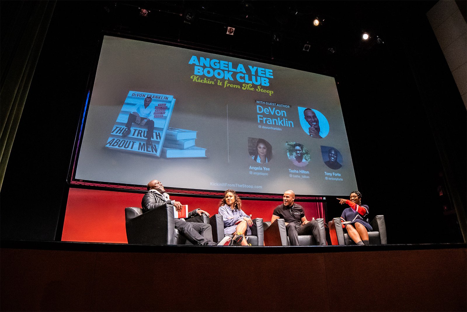 Angela Yee Book Club panel discussion featuring guest author DeVon Franklin beneath a Kickin’ It From the Stoop event presentation.