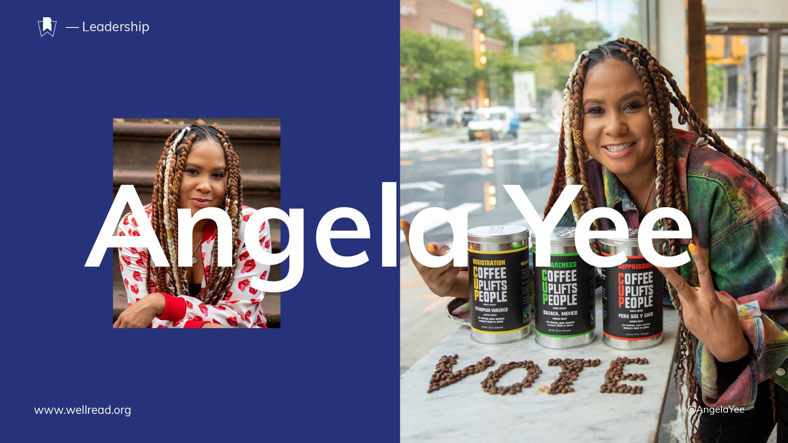 WellRead leadership slide featuring Angela Yee with Coffee Uplifts People products.