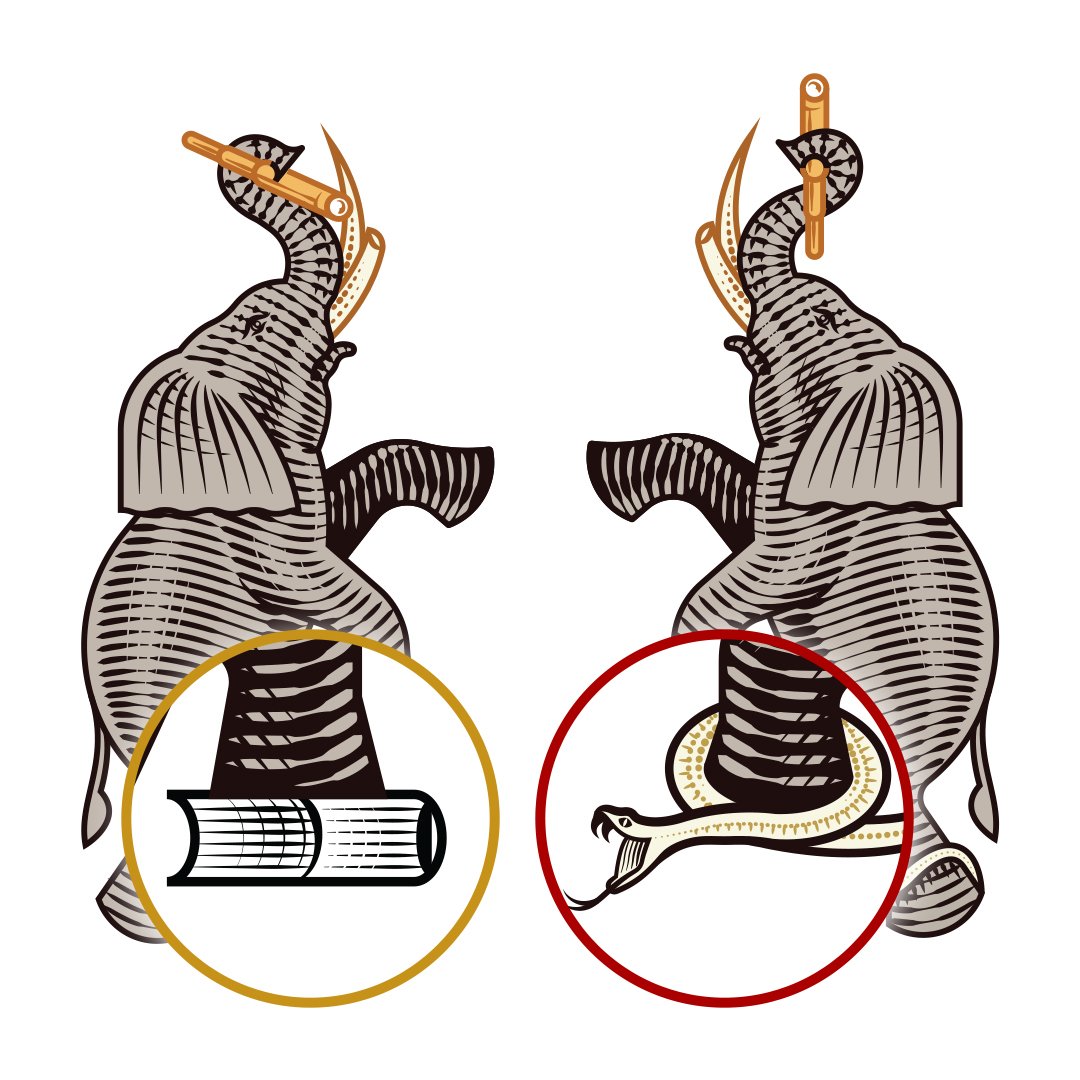 Detailed view of two raised-trunk elephants from the Love Forte Viva Fuerte family crest, highlighting a book and snake at their feet.