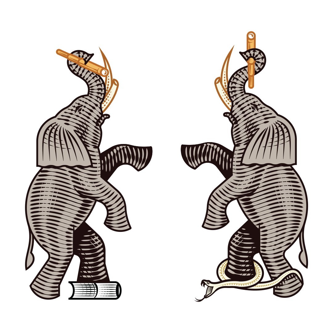 Two mirrored raised-trunk elephants with a book, snake, and symbolic objects in the Love Forte Viva Fuerte custom family crest.
