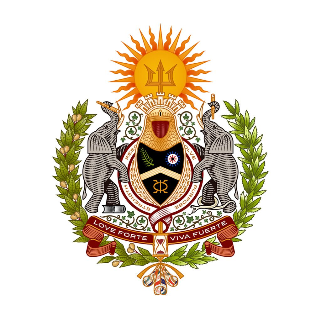 Custom Love Forte Viva Fuerte family crest featuring two elephants, a central shield, cultural symbols, tropical plants, and a red motto banner.