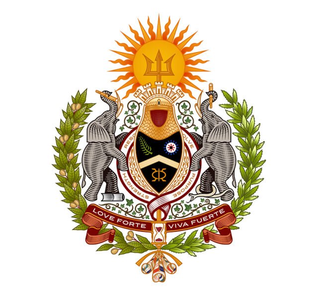 Custom Love Forte Viva Fuerte family crest featuring two elephants, a central shield, cultural symbols, tropical plants, and a red motto banner.