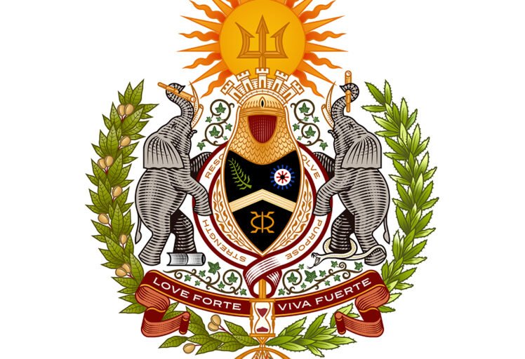 Custom Love Forte Viva Fuerte family crest featuring two elephants, a central shield, cultural symbols, tropical plants, and a red motto banner.