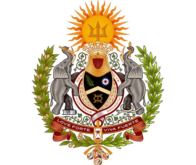 Custom Love Forte Viva Fuerte family crest featuring two elephants, a central shield, cultural symbols, tropical plants, and a red motto banner.