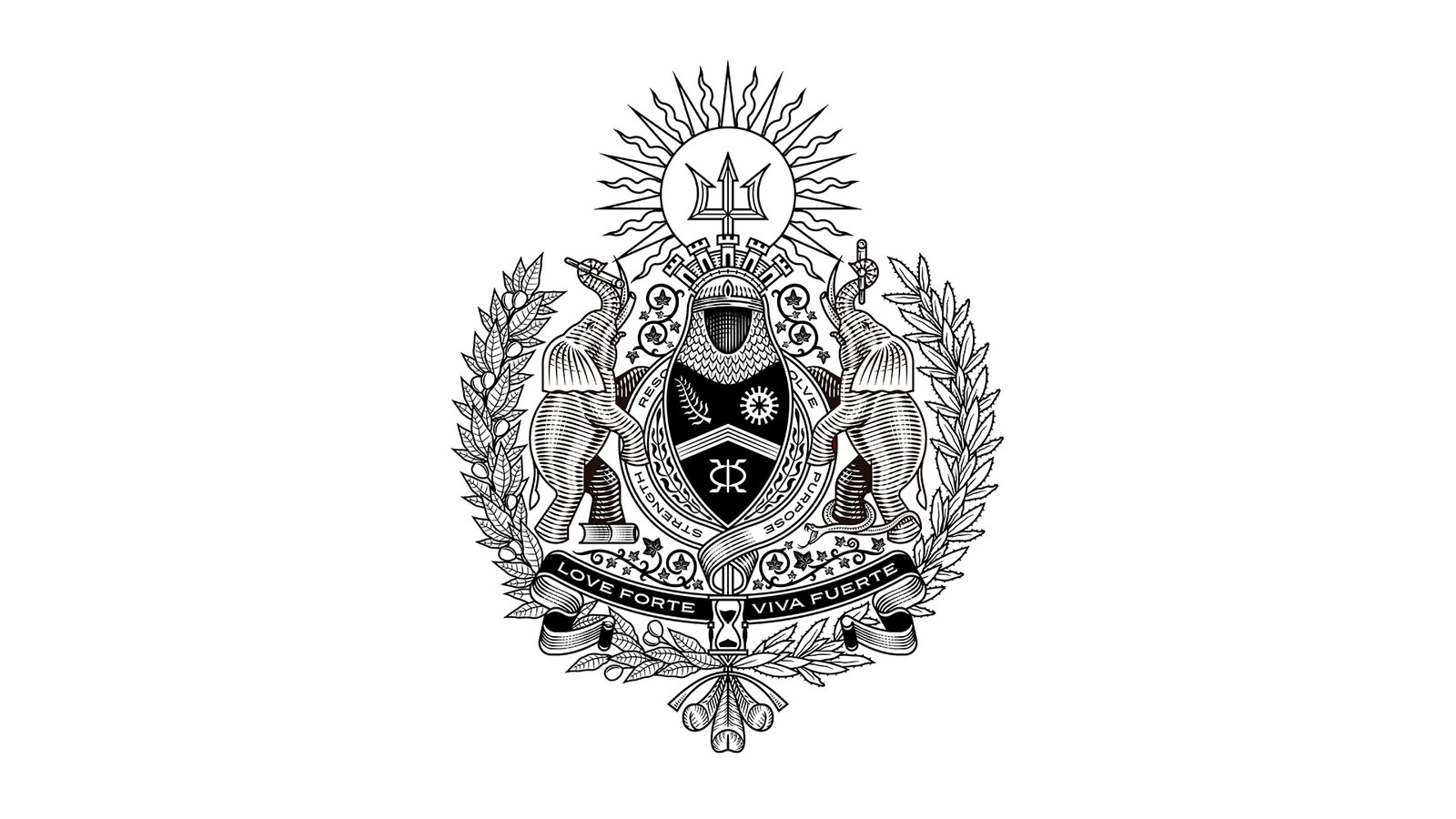 Handcrafted Love Forte Viva Fuerte family crest featuring elephants, a heart-shaped shield, cultural symbols, tropical plants, and a family motto.