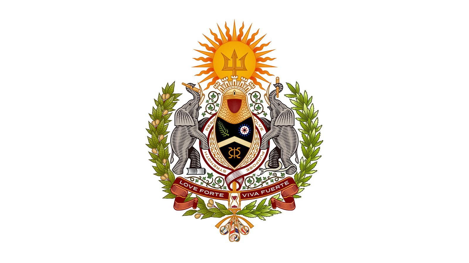 Handcrafted Love Forte Viva Fuerte family crest featuring elephants, a heart-shaped shield, cultural symbols, tropical plants, and a family motto.