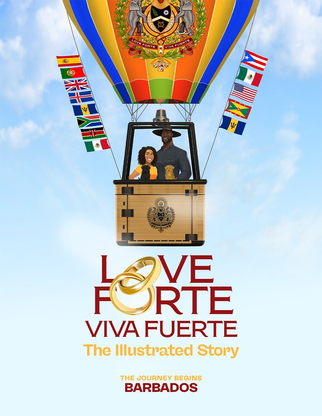 Illustrated Love Forte Viva Fuerte wedding story featuring the couple, their dogs, travel, family, and cultural references.