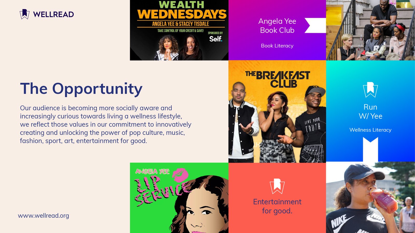 WellRead opportunity slide connecting the nonprofit to book literacy, financial education, media, entertainment, and wellness initiatives.