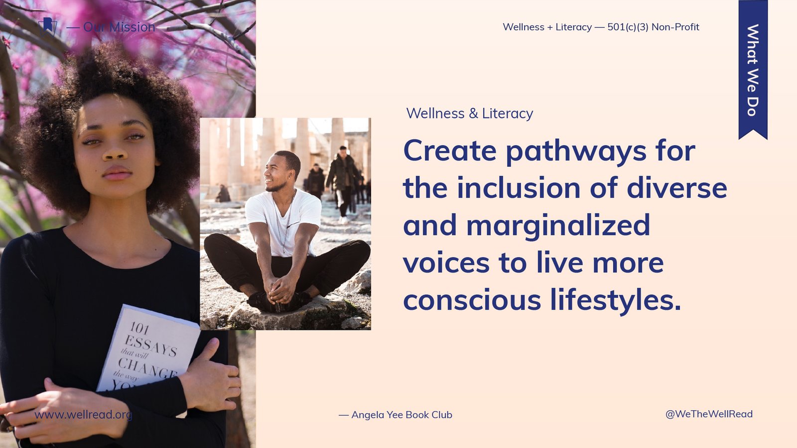 WellRead slide combining portraits with a statement about creating pathways for diverse and marginalized voices.