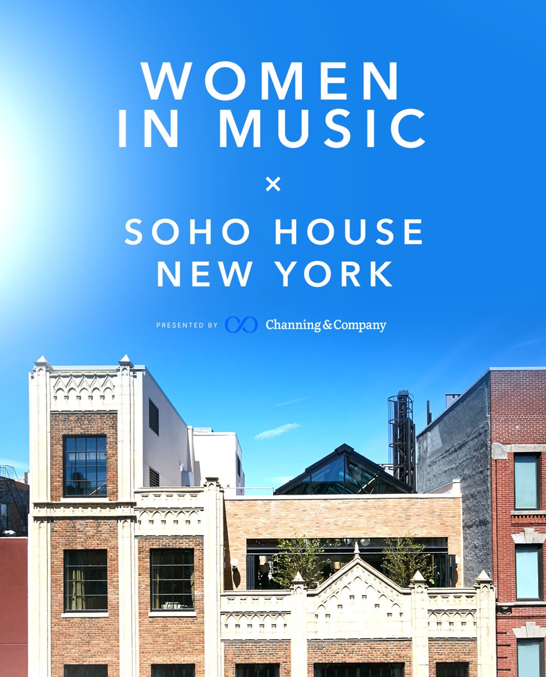 Women in Music x Soho House New York event announcement featuring the exterior of Ludlow House.