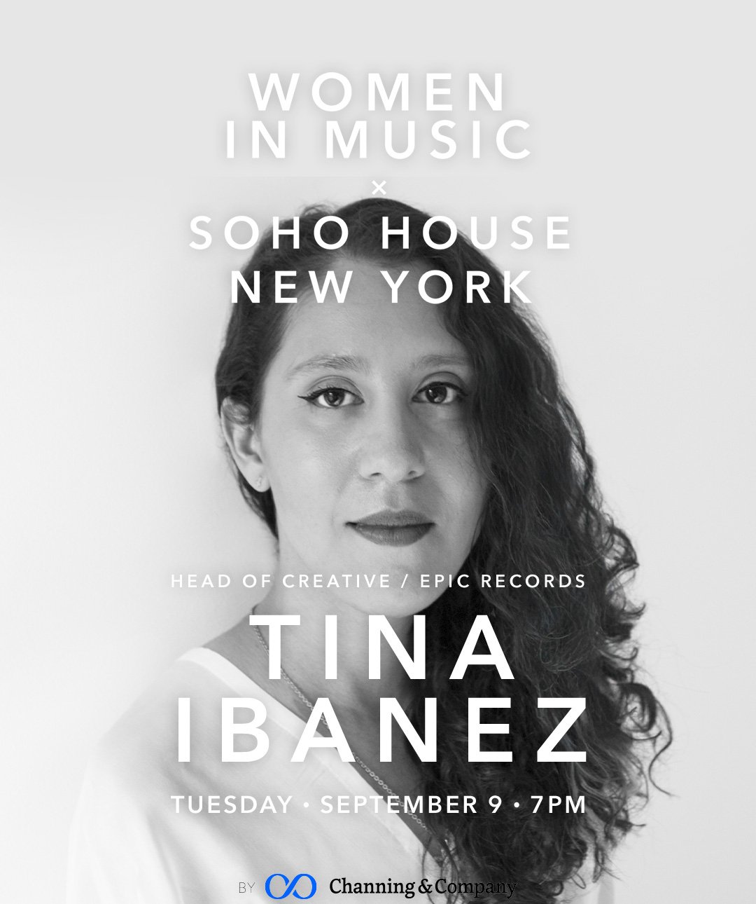 Black-and-white speaker announcement featuring Tina Ibanez of Epic Records for Women in Music at Soho House New York.