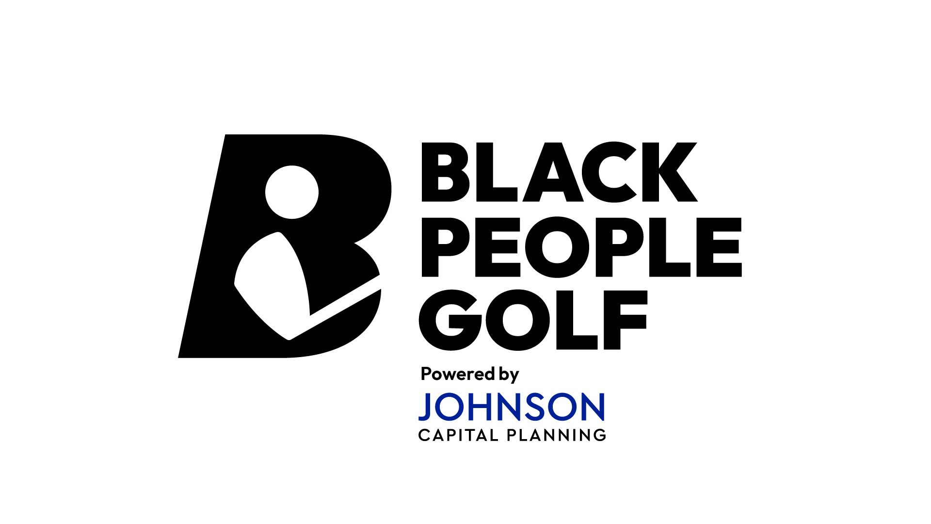 Black People Golf logo with Powered by Johnson Capital Planning endorsement showing the relationship between the community brand and parent company.