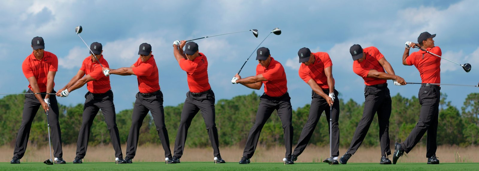 Sequence showing a golfer moving through multiple stages of a golf swing, used to study posture and movement for the Black People Golf logo.