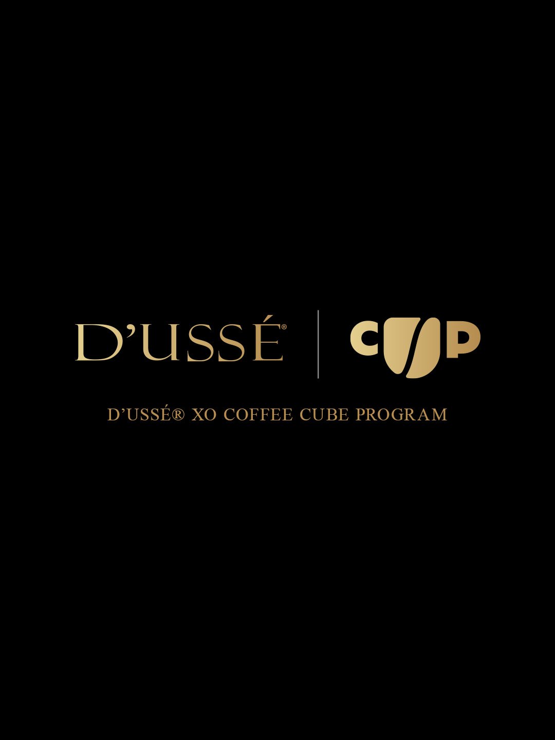 D’USSÉ and Coffee Uplifts People co-branded identity for the D’USSÉ XO Coffee Cube Program on a black background.