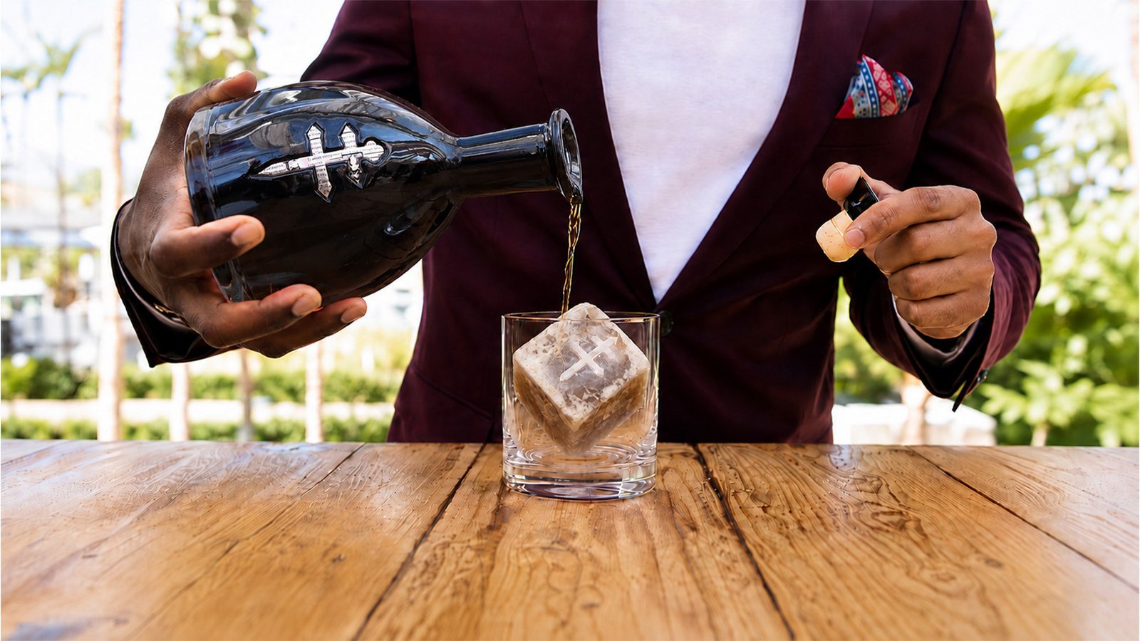 Bartender pouring D’USSÉ XO over a Coffee Uplifts People Café Con Leche coffee ice cube, creating a coffee-and-cognac beverage experience.