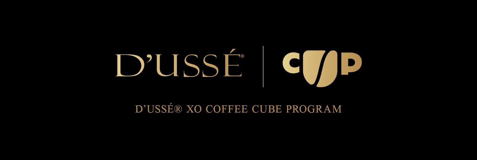 D’USSÉ and Coffee Uplifts People co-branded identity for the D’USSÉ XO Coffee Cube Program on a black background.