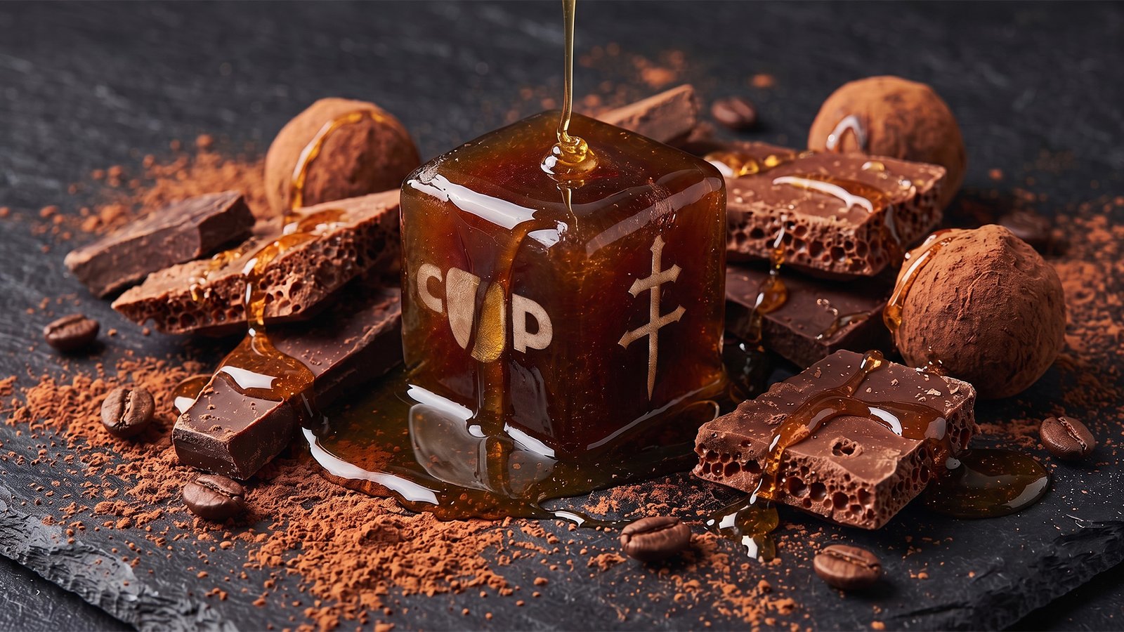D’USSÉ x Coffee Uplifts People branded coffee cube with chocolate, cocoa, coffee beans and amber syrup on a dark surface.