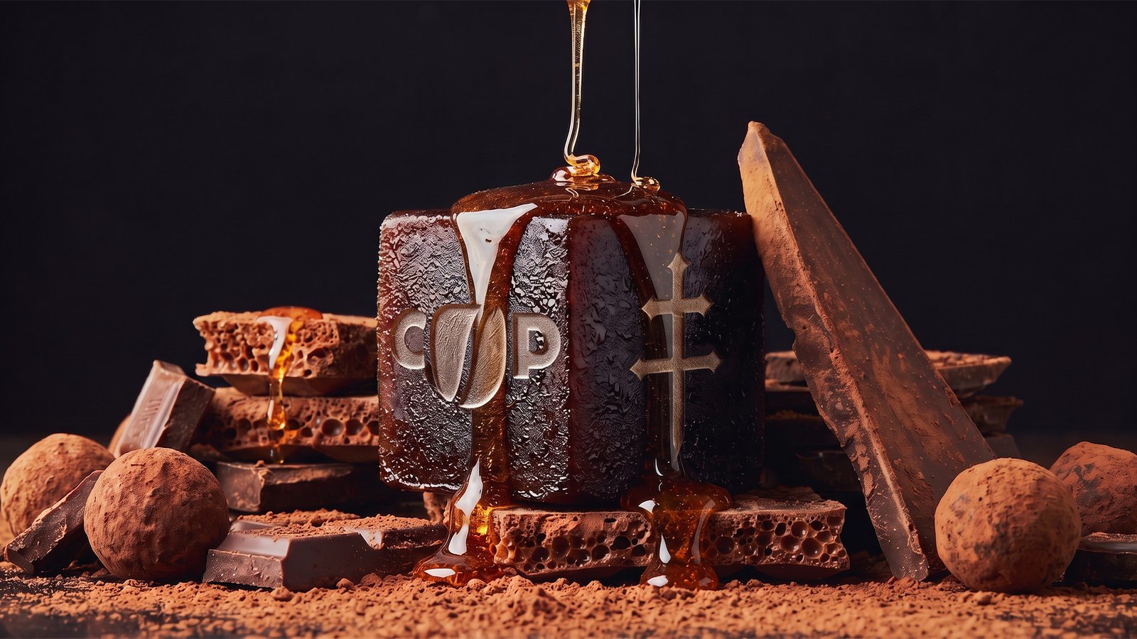 Branded D’USSÉ x Coffee Uplifts People coffee cube surrounded by chocolate, cocoa and coffee-inspired ingredients with amber syrup poured over it.