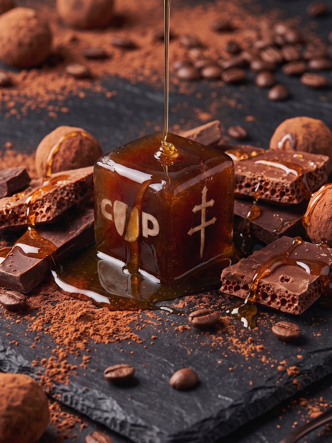 D’USSÉ x Coffee Uplifts People branded coffee cube with coffee beans, cocoa, chocolate and honey on a dark surface.