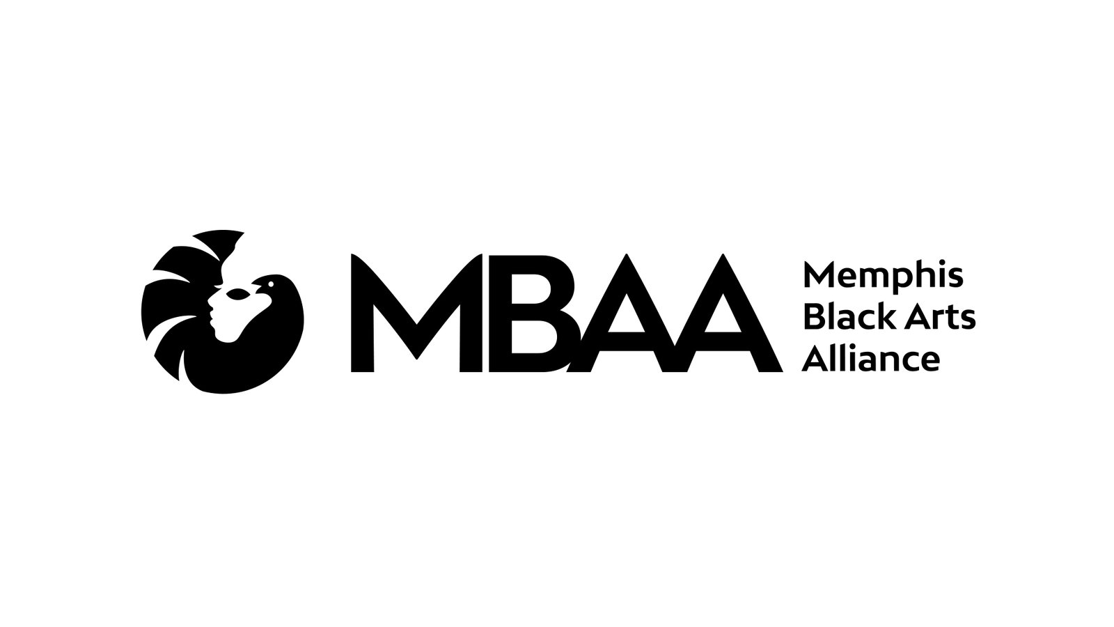 Memphis Black Arts Alliance Sankofa-inspired brandmark, MBAA wordmark, and full organization name in black on a white background.