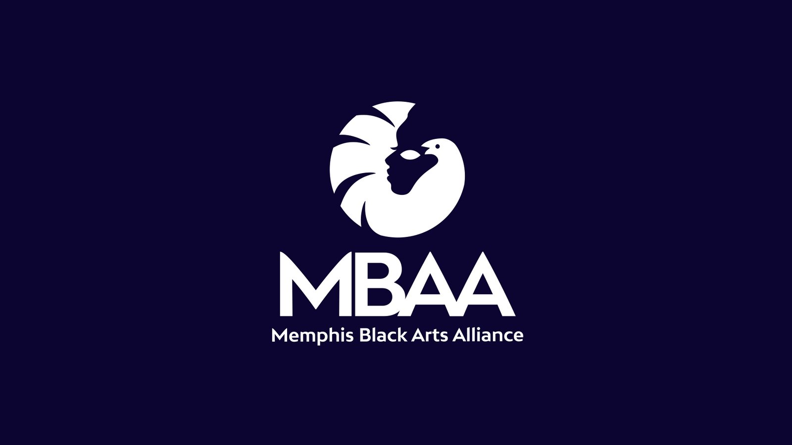 Memphis Black Arts Alliance vertical logo lockup with a white Sankofa-inspired brandmark and MBAA wordmark on a deep navy background.